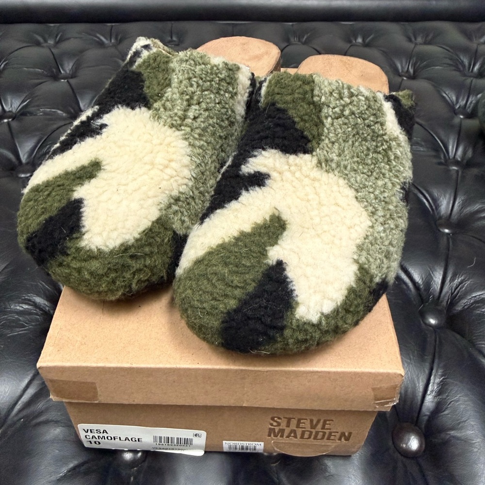 Steve Madden Vesa Camouflage Faux-Shearling Slip-On Shoes - Olive/Black/Cream S